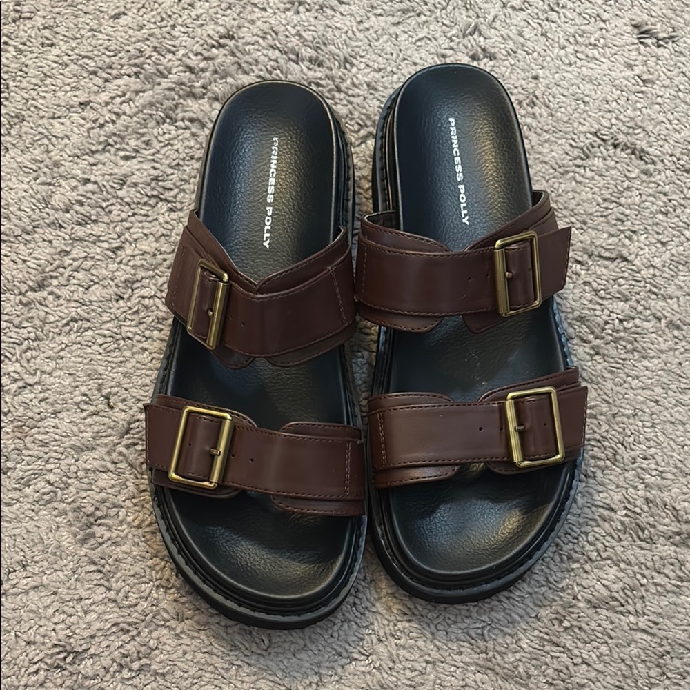 Princess Polly Brown Sandals with Gold Buckles